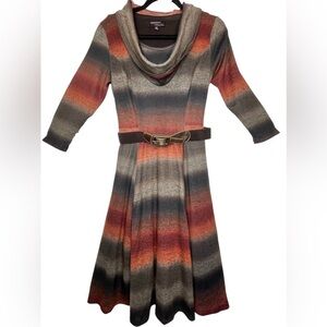 Signature by Robbie Bee Cowl Neck Dress With Belt Midi Rust 3/4 Sleeves Size Sm